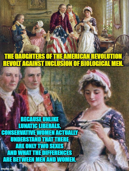 Psssst . . . idiot liberals, there actually ARE differences. | THE DAUGHTERS OF THE AMERICAN REVOLUTION REVOLT AGAINST INCLUSION OF BIOLOGICAL MEN. BECAUSE UNLIKE LUNATIC LIBERALS, CONSERVATIVE WOMEN ACTUALLY UNDERSTAND THAT THERE ARE ONLY TWO SEXES AND WHAT THE DIFFERENCES ARE BETWEEN MEN AND WOMEN. | image tagged in truth | made w/ Imgflip meme maker