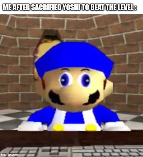 Smg4 derp | ME AFTER SACRIFIED YOSHI TO BEAT THE LEVEL : | image tagged in smg4 derp | made w/ Imgflip meme maker