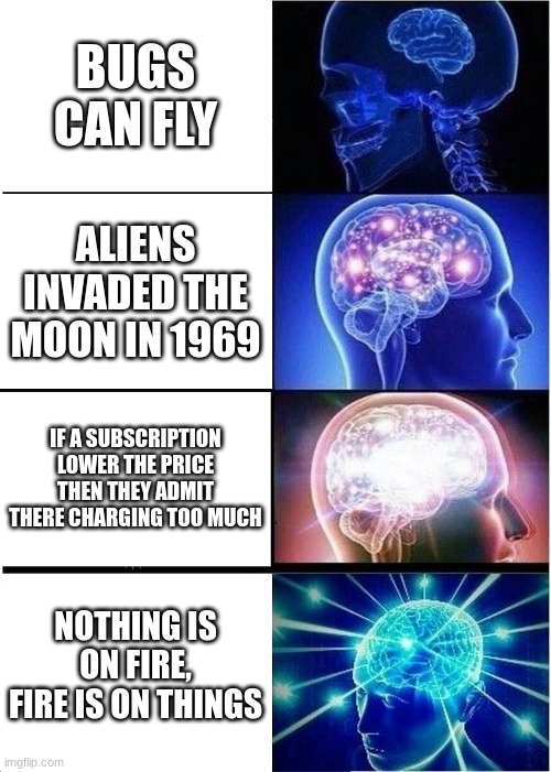 this aint shower thoughts anymore this is bath thoughts | BUGS CAN FLY; ALIENS INVADED THE MOON IN 1969; IF A SUBSCRIPTION LOWER THE PRICE THEN THEY ADMIT THERE CHARGING TOO MUCH; NOTHING IS ON FIRE, FIRE IS ON THINGS | image tagged in memes,expanding brain | made w/ Imgflip meme maker