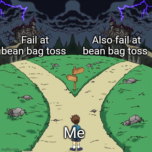 When I fail at bean bag toss | Fail at bean bag toss; Also fail at bean bag toss; Me | image tagged in two paths | made w/ Imgflip meme maker