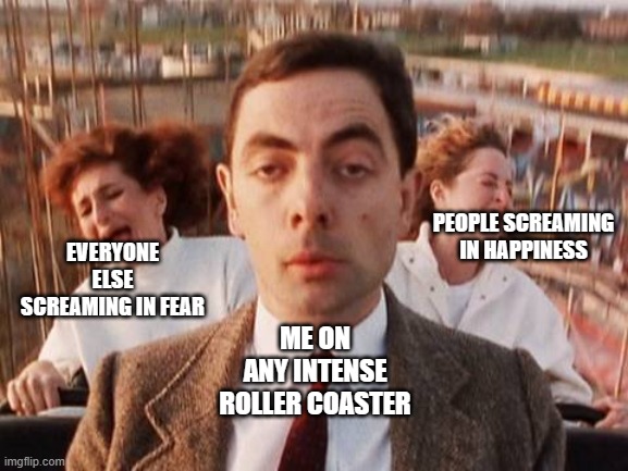 mr bean roller coaster | PEOPLE SCREAMING IN HAPPINESS; EVERYONE ELSE SCREAMING IN FEAR; ME ON ANY INTENSE ROLLER COASTER | image tagged in mr bean roller coaster | made w/ Imgflip meme maker