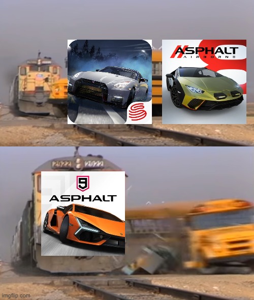 Asphalt 9 is better than a chinese and a p2w game | image tagged in a train hitting a school bus | made w/ Imgflip meme maker