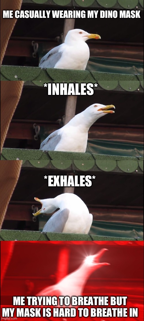 Does this happen to anyone else? | ME CASUALLY WEARING MY DINO MASK; *INHALES*; *EXHALES*; ME TRYING TO BREATHE BUT MY MASK IS HARD TO BREATHE IN | image tagged in memes,inhaling seagull | made w/ Imgflip meme maker