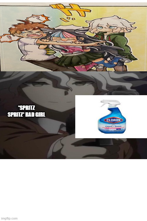I had to I'm very sorry | *SPRITZ SPRITZ* BAD GIRL | image tagged in danganronpa,clorox,bite | made w/ Imgflip meme maker