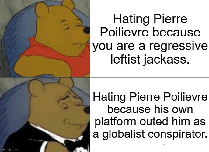 Hating Pierre Poilievre | Hating Pierre Poilievre because you are a regressive leftist jackass. Hating Pierre Poilievre
because his own platform outed him as a globalist conspirator. | image tagged in memes,tuxedo winnie the pooh,canada,pierre poilievre,globalism,regressive left | made w/ Imgflip meme maker