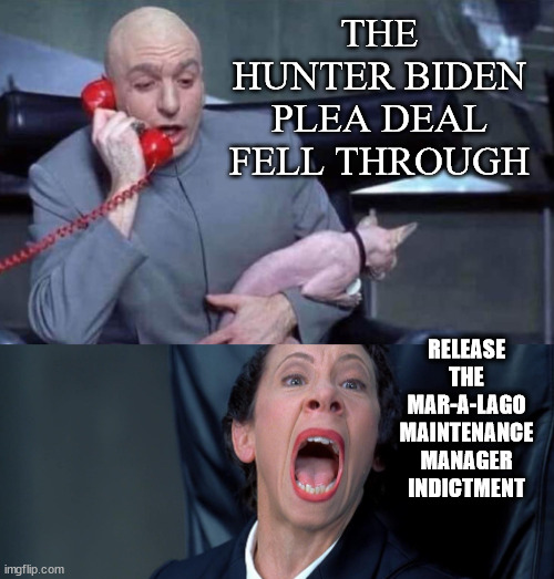 You know they are so desperate to deflect from their crimes... | THE HUNTER BIDEN PLEA DEAL FELL THROUGH; RELEASE THE MAR-A-LAGO MAINTENANCE MANAGER INDICTMENT | image tagged in dr evil and frau,evil,biden,doj | made w/ Imgflip meme maker
