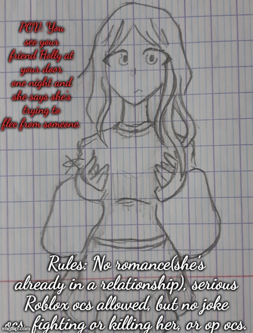 Holly | POV: You see your friend Holly at your door one night and she says she's trying to flee from someone. Rules: No romance(she's already in a relationship), serious Roblox ocs allowed, but no joke ocs, fighting or killing her, or op ocs. | image tagged in holly | made w/ Imgflip meme maker