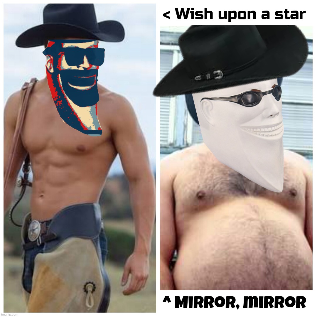 When you think you're a buff cowboy Moon Man but you're really only just shaped like the Moon, man. | < Wish upon a star; ^ Mirror, mirror | image tagged in cowboy expectation vs reality,moon man,moon man masked dweeb,moo man,moonie,blight gnationalist | made w/ Imgflip meme maker