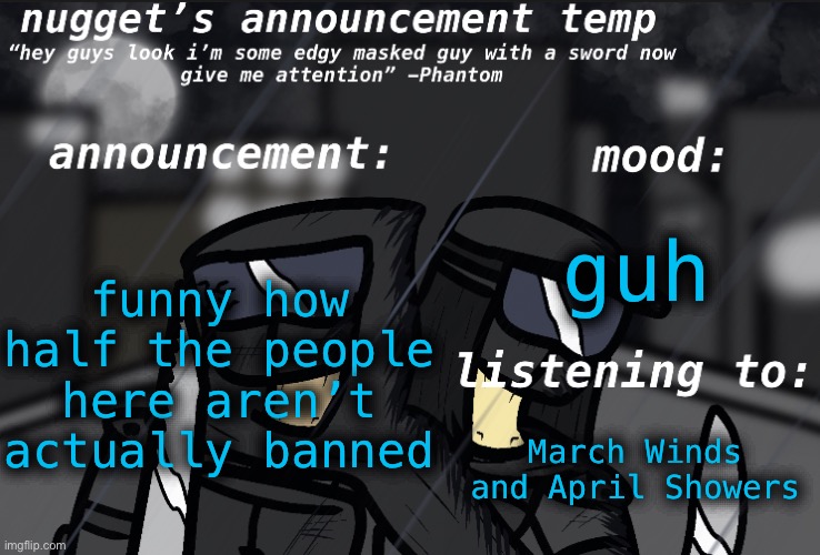 (Mod note): … | funny how half the people here aren’t actually banned; guh; March Winds and April Showers | image tagged in nugget s announcement template | made w/ Imgflip meme maker