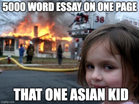 Disaster Girl | 5000 WORD ESSAY ON ONE PAGE; THAT ONE ASIAN KID | image tagged in memes,disaster girl | made w/ Imgflip meme maker