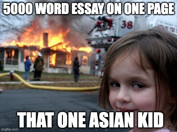 Disaster Girl Meme | 5000 WORD ESSAY ON ONE PAGE; THAT ONE ASIAN KID | image tagged in memes,disaster girl | made w/ Imgflip meme maker