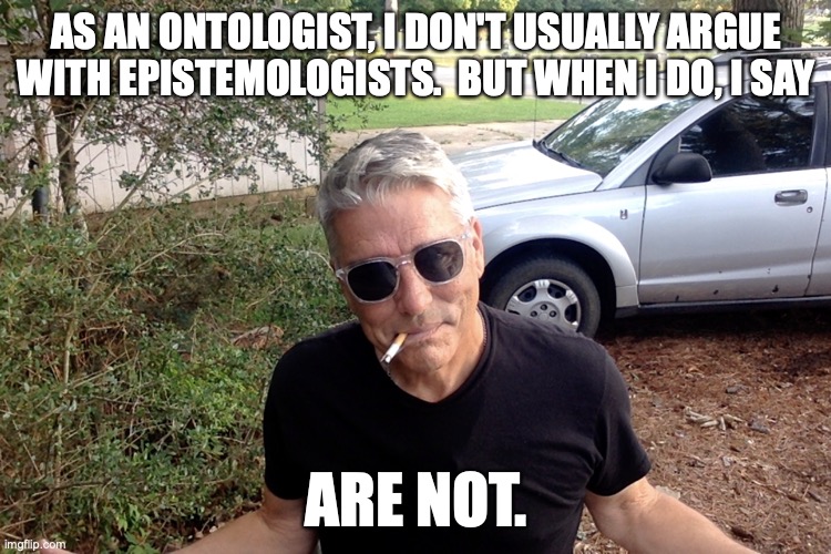 philosophy meme ontology | AS AN ONTOLOGIST, I DON'T USUALLY ARGUE WITH EPISTEMOLOGISTS.  BUT WHEN I DO, I SAY; ARE NOT. | image tagged in philosophy | made w/ Imgflip meme maker