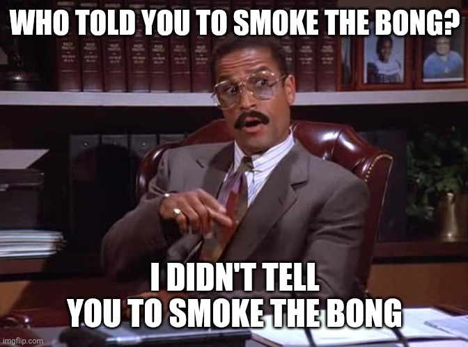 Jackie Childs, Seinfeld injury lawyer | WHO TOLD YOU TO SMOKE THE BONG? I DIDN'T TELL YOU TO SMOKE THE BONG | image tagged in jackie childs seinfeld injury lawyer | made w/ Imgflip meme maker