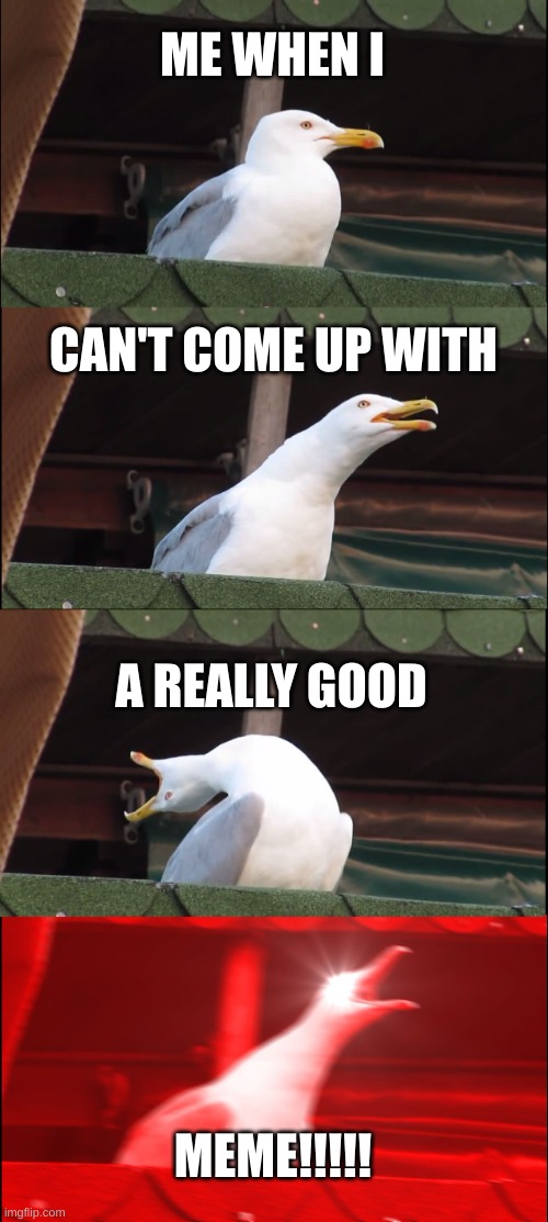 Inhaling Seagull | ME WHEN I; CAN'T COME UP WITH; A REALLY GOOD; MEME!!!!! | image tagged in memes,inhaling seagull | made w/ Imgflip meme maker