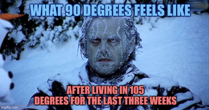 Freezing cold | WHAT 90 DEGREES FEELS LIKE; AFTER LIVING IN 105 DEGREES FOR THE LAST THREE WEEKS | image tagged in freezing cold,heat wave,southwest,it is too hot | made w/ Imgflip meme maker