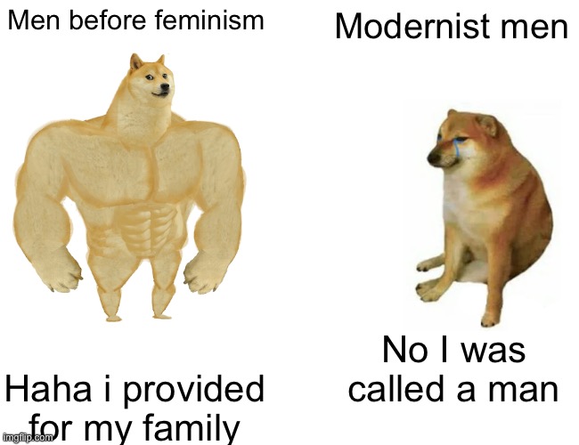 Buff Doge vs. Cheems | Men before feminism; Modernist men; No I was called a man; Haha i provided for my family | image tagged in memes,buff doge vs cheems | made w/ Imgflip meme maker