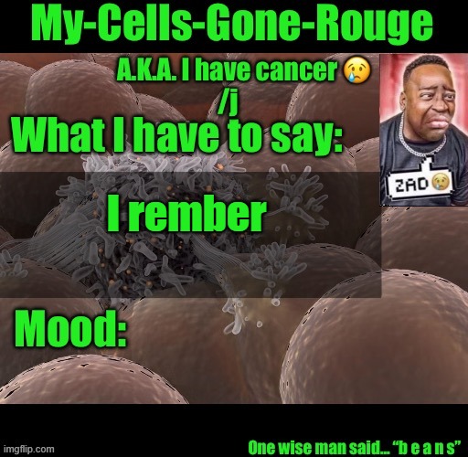My-Cells-Gone-Rouge announcement | I rember | image tagged in my-cells-gone-rouge announcement | made w/ Imgflip meme maker