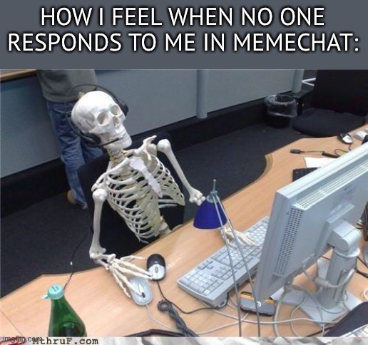 Waiting skeleton | HOW I FEEL WHEN NO ONE RESPONDS TO ME IN MEMECHAT: | image tagged in waiting skeleton,memes,funny,fr,waiting | made w/ Imgflip meme maker