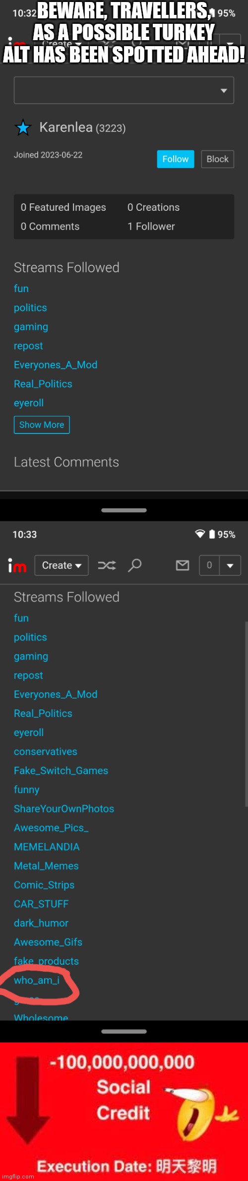 *I found the acc because they followed another steam I mod* | BEWARE, TRAVELLERS, AS A POSSIBLE TURKEY ALT HAS BEEN SPOTTED AHEAD! | image tagged in -100 000 000 000 social credit,turkey | made w/ Imgflip meme maker