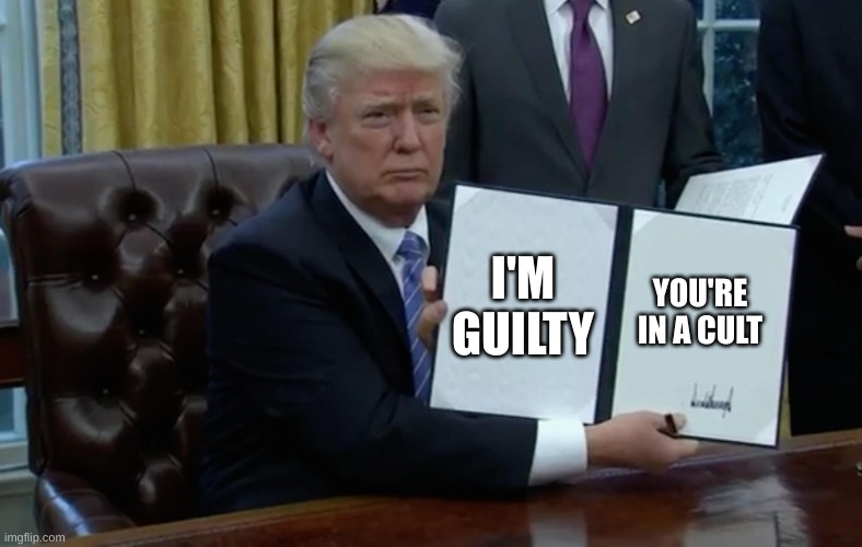 TREASON | I'M GUILTY; YOU'RE IN A CULT | image tagged in he's guilty,you're in a cult,trumpstreasons | made w/ Imgflip meme maker
