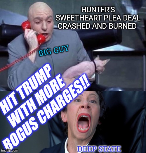GET TRUMP SO BOGUS | HUNTER'S SWEETHEART PLEA DEAL CRASHED AND BURNED; BIG GUY; HIT TRUMP WITH MORE BOGUS CHARGES!! DEEP STATE | image tagged in libtards,finished,vote,president trump | made w/ Imgflip meme maker