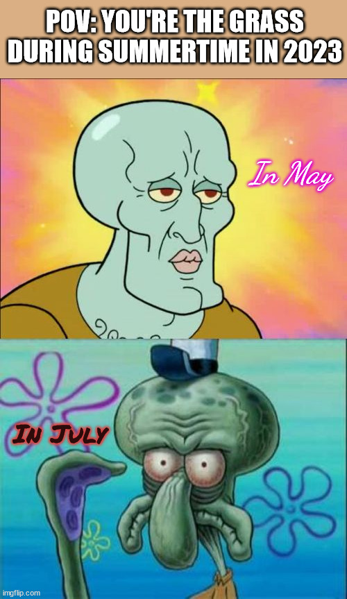 OH NO, IT'S HOT | POV: YOU'RE THE GRASS DURING SUMMERTIME IN 2023; In May; In July | image tagged in memes,squidward,i'm feelin how he lookin,it hot | made w/ Imgflip meme maker
