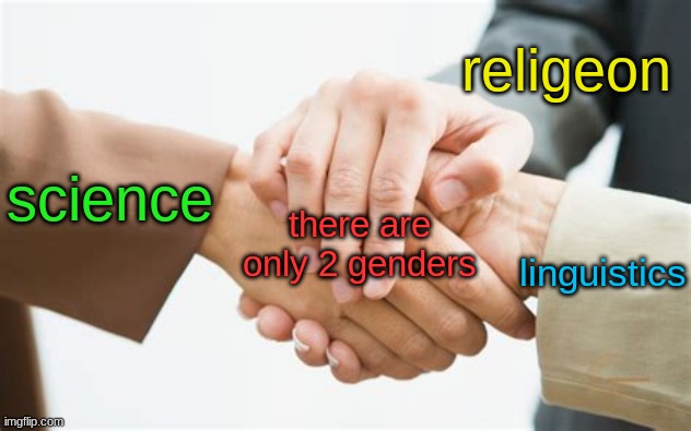 Triple handshake | religeon; science; there are only 2 genders; linguistics | image tagged in triple handshake | made w/ Imgflip meme maker