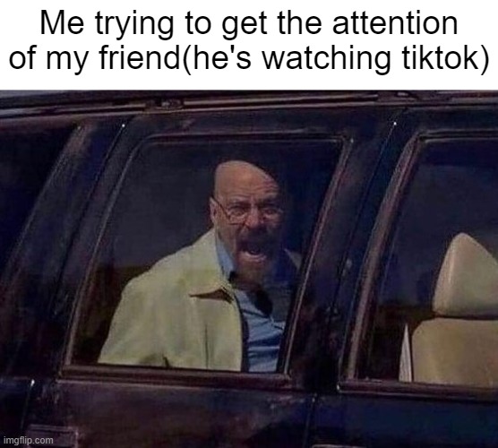 Attention span: 0.1 | Me trying to get the attention of my friend(he's watching tiktok) | image tagged in walter white screaming at hank,screaming,notice me,tiktok sucks,tiktok,distracted | made w/ Imgflip meme maker