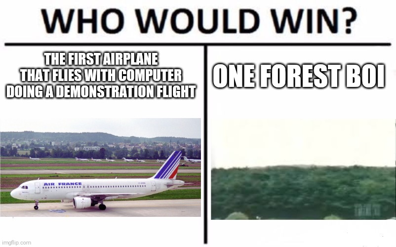 No title | THE FIRST AIRPLANE THAT FLIES WITH COMPUTER DOING A DEMONSTRATION FLIGHT; ONE FOREST BOI | image tagged in memes,who would win,airplane,forest | made w/ Imgflip meme maker