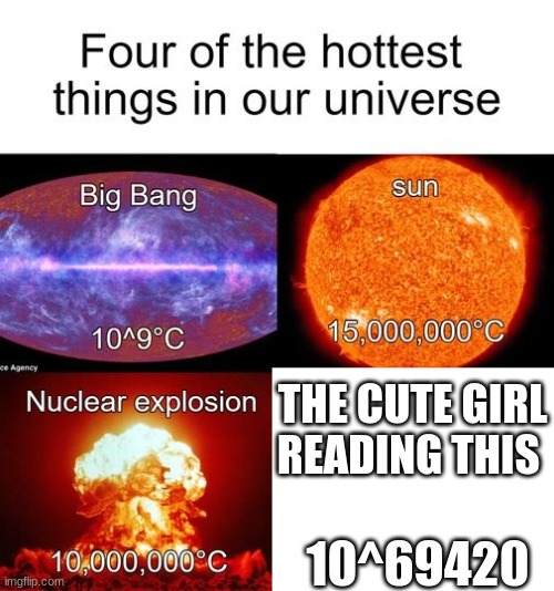 wholesome meme | THE CUTE GIRL READING THIS; 10^69420 | image tagged in four hottest thing in the universe,wholesome | made w/ Imgflip meme maker