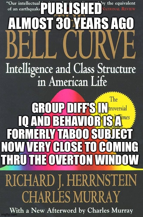 PUBLISHED ALMOST 30 YEARS AGO; GROUP DIFF'S IN IQ AND BEHAVIOR IS A FORMERLY TABOO SUBJECT NOW VERY CLOSE TO COMING THRU THE OVERTON WINDOW | image tagged in memes | made w/ Imgflip meme maker