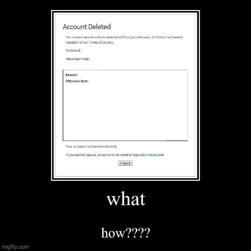 banned by roblox | what | how???? | image tagged in funny,demotivationals | made w/ Imgflip demotivational maker
