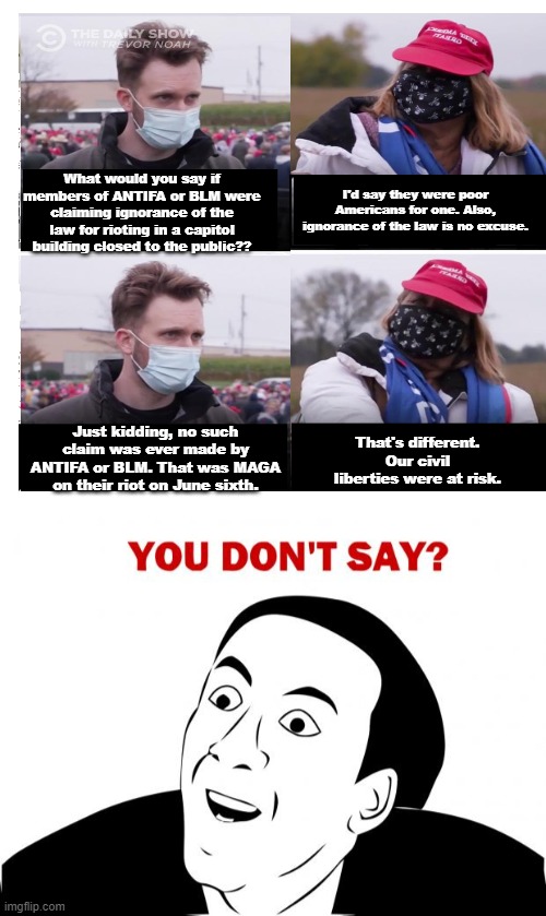 It's only bad if BLM or ANTIFA does it. | I'd say they were poor Americans for one. Also, ignorance of the law is no excuse. What would you say if members of ANTIFA or BLM were claiming ignorance of the law for rioting in a capitol building closed to the public?? Just kidding, no such claim was ever made by ANTIFA or BLM. That was MAGA on their riot on June sixth. That's different. Our civil liberties were at risk. | image tagged in blank white template,memes,you don't say,double standards,hypocrisy,corrupt gop | made w/ Imgflip meme maker
