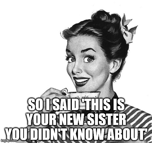 Retro woman teacup | SO I SAID 'THIS IS
YOUR NEW SISTER
YOU DIDN'T KNOW ABOUT' | image tagged in retro woman teacup | made w/ Imgflip meme maker