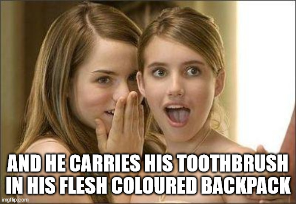 Girls gossiping | AND HE CARRIES HIS TOOTHBRUSH IN HIS FLESH COLOURED BACKPACK | image tagged in girls gossiping | made w/ Imgflip meme maker