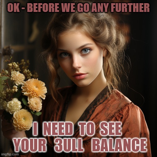Beautiful young woman | OK - BEFORE WE GO ANY FURTHER; I  NEED  TO  SEE   YOUR   3ULL   BALANCE | image tagged in young,woman,beautiful | made w/ Imgflip meme maker
