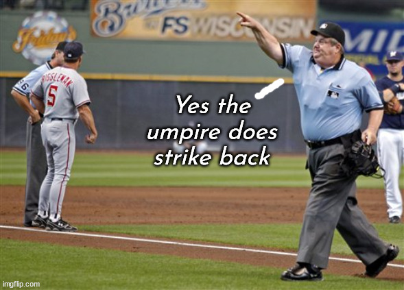 Baseball referee you're out | Yes the umpire does strike back | image tagged in baseball referee you're out | made w/ Imgflip meme maker