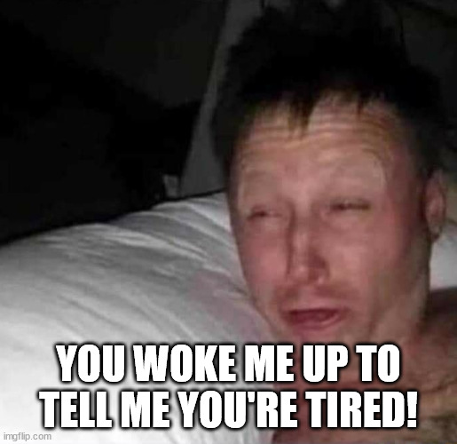 Sleepy guy | YOU WOKE ME UP TO TELL ME YOU'RE TIRED! | image tagged in sleepy guy | made w/ Imgflip meme maker