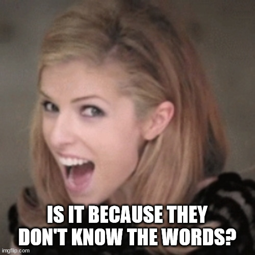 Anna kendrick | IS IT BECAUSE THEY DON'T KNOW THE WORDS? | image tagged in anna kendrick | made w/ Imgflip meme maker