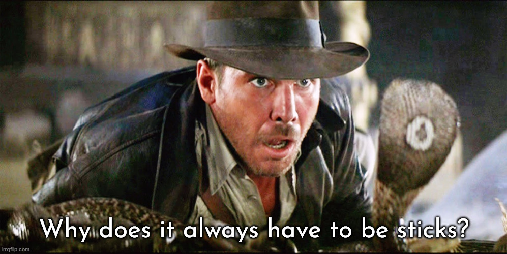 Indiana Jones Snakes | Why does it always have to be sticks? | image tagged in indiana jones snakes | made w/ Imgflip meme maker