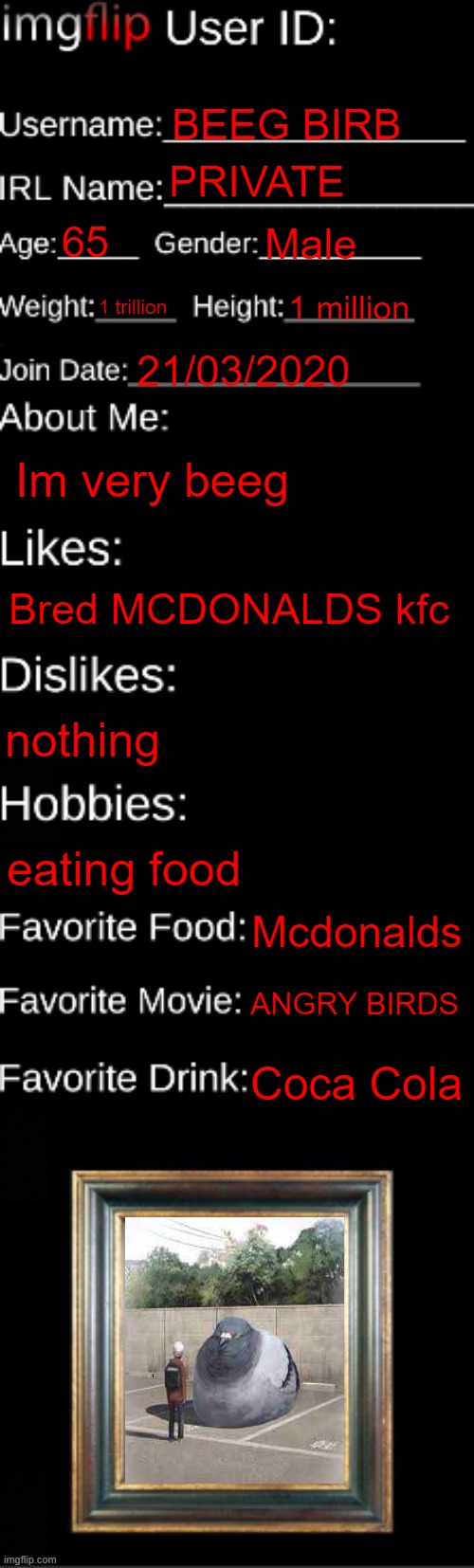 imgflip ID Card | BEEG BIRB; PRIVATE; 65; Male; 1 trillion; 1 million; 21/03/2020; Im very beeg; Bred MCDONALDS kfc; nothing; eating food; Mcdonalds; ANGRY BIRDS; Coca Cola | image tagged in imgflip id card | made w/ Imgflip meme maker