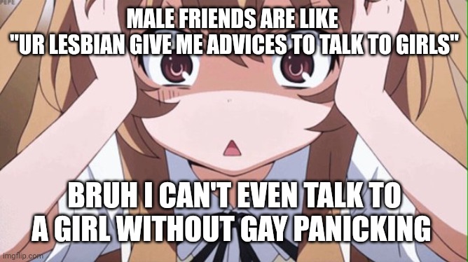 anime realization | MALE FRIENDS ARE LIKE 
"UR LESBIAN GIVE ME ADVICES TO TALK TO GIRLS"; BRUH I CAN'T EVEN TALK TO A GIRL WITHOUT GAY PANICKING | image tagged in anime realization,actuallesbians | made w/ Imgflip meme maker