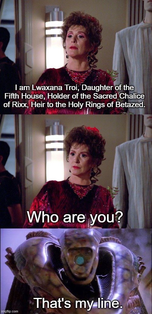 Lwaxana Troi Encounters Kosh | I am Lwaxana Troi, Daughter of the Fifth House, Holder of the Sacred Chalice of Rixx, Heir to the Holy Rings of Betazed. Who are you? That's my line. | image tagged in kosh,lwaxana troi,star trek,babylon 5,funny | made w/ Imgflip meme maker