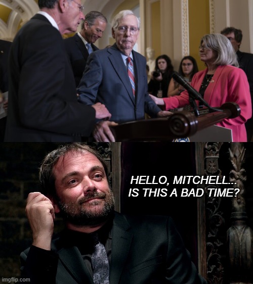 HELLO, MITCHELL... IS THIS A BAD TIME? | image tagged in crowley supernatural | made w/ Imgflip meme maker