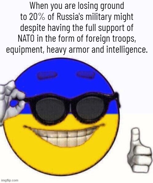 I feel bad for the American tax payer more than anyone else on the western side. You guys pay more than the rest of us. | When you are losing ground to 20% of Russia's military might despite having the full support of NATO in the form of foreign troops, equipment, heavy armor and intelligence. | image tagged in picard a thumbs up emoji man ukraine | made w/ Imgflip meme maker