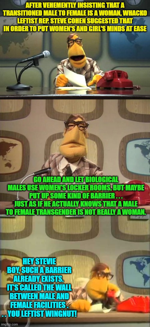 It ain't rocket science . . . to anyone not a leftist nutjob. | AFTER VEHEMENTLY INSISTING THAT A TRANSITIONED MALE TO FEMALE IS A WOMAN, WHACKO LEFTIST REP. STEVE COHEN SUGGESTED THAT IN ORDER TO PUT WOMEN'S AND GIRL'S MINDS AT EASE; GO AHEAD AND LET BIOLOGICAL MALES USE WOMEN'S LOCKER ROOMS, BUT MAYBE PUT UP SOME KIND OF BARRIER . . . JUST AS IF HE ACTUALLY KNOWS THAT A MALE TO FEMALE TRANSGENDER IS NOT REALLY A WOMAN. HEY STEVIE BOY, SUCH A BARRIER ALREADY EXISTS.  IT'S CALLED THE WALL BETWEEN MALE AND FEMALE FACILITIES . . . YOU LEFTIST WINGNUT! | image tagged in muppet news flash | made w/ Imgflip meme maker