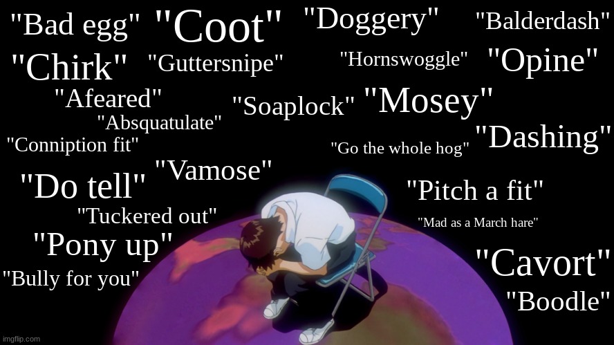 Shinji in a Chair Surrounded by 19th-Century Slang | "Doggery"; "Coot"; "Balderdash"; "Bad egg"; "Opine"; "Chirk"; "Hornswoggle"; "Guttersnipe"; "Mosey"; "Afeared"; "Soaplock"; "Dashing"; "Absquatulate"; "Conniption fit"; "Go the whole hog"; "Vamose"; "Do tell"; "Pitch a fit"; "Tuckered out"; "Mad as a March hare"; "Pony up"; "Cavort"; "Bully for you"; "Boodle" | image tagged in shinji in a chair wide | made w/ Imgflip meme maker