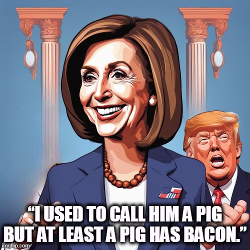“I USED TO CALL HIM A PIG BUT AT LEAST A PIG HAS BACON.” | image tagged in nancy pelosi,trump,pig,bacon | made w/ Imgflip meme maker