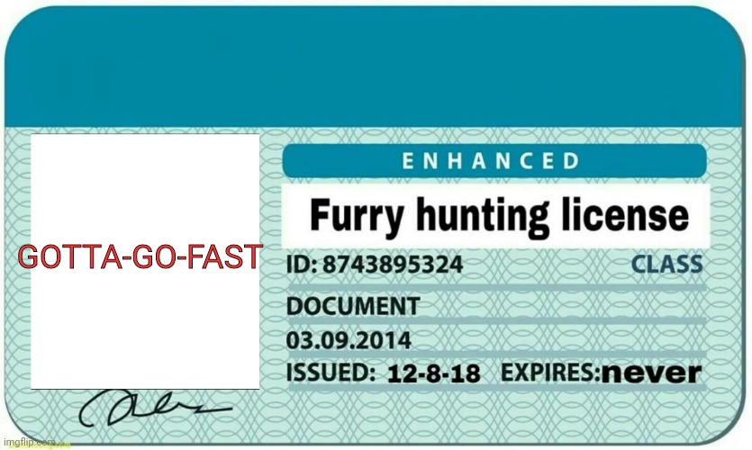 furry hunting license | GOTTA-GO-FAST | image tagged in furry hunting license | made w/ Imgflip meme maker