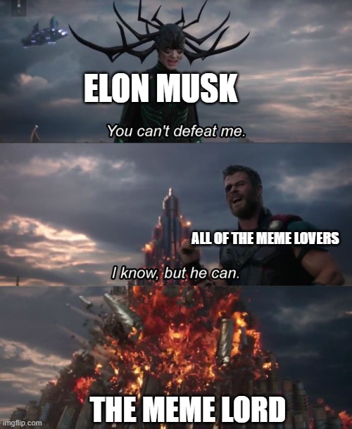 memes are better | ELON MUSK; ALL OF THE MEME LOVERS; THE MEME LORD | image tagged in you can't defeat me | made w/ Imgflip meme maker